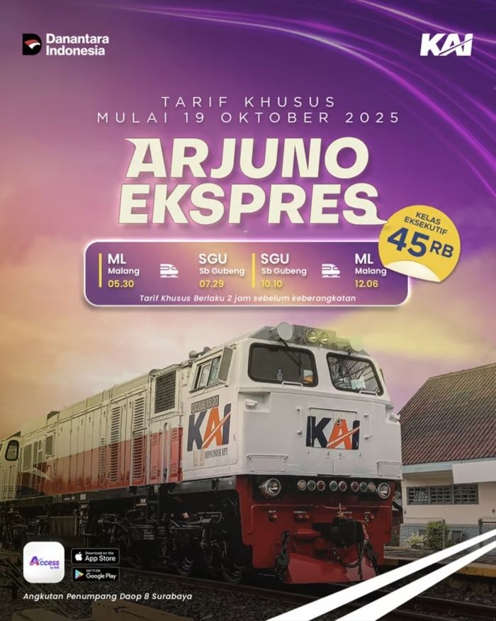 KAI Daop 8 Surabaya Hadirkan Tarif Khusus KA Arjuno Ekspres Eksekutif Hanya Rp45 Ribu